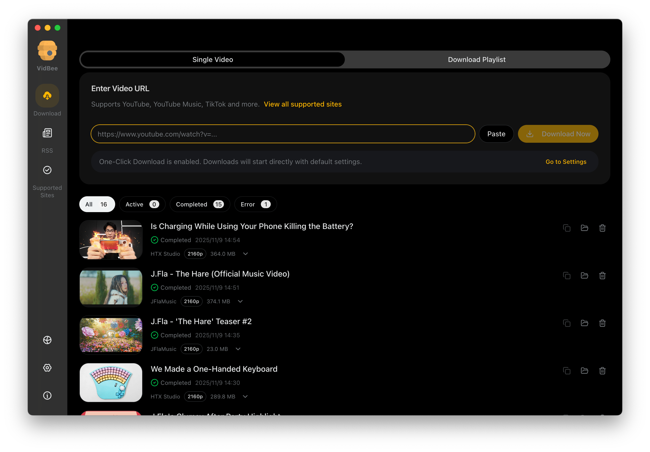 VidBee Dark Mode Interface