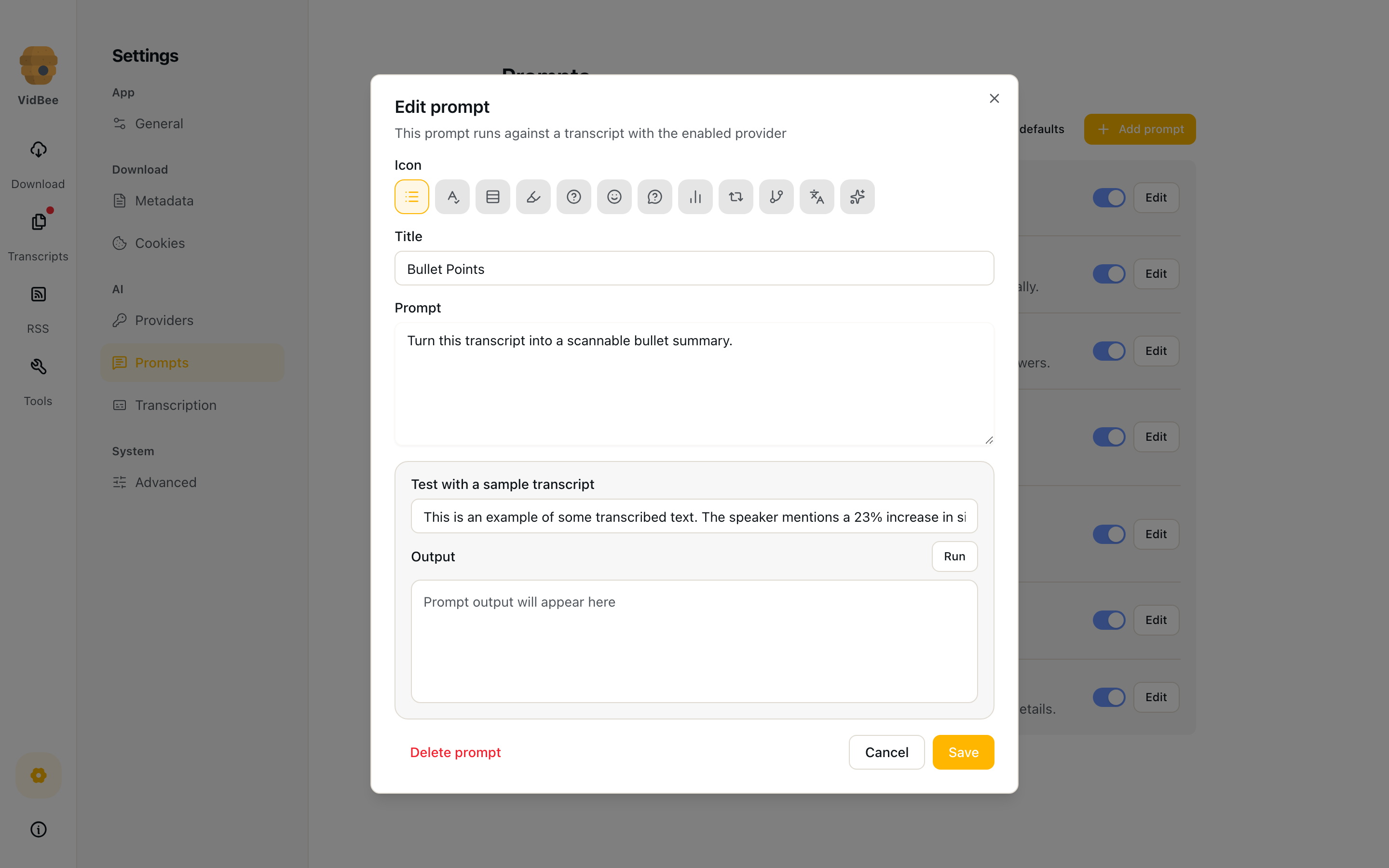 Edit prompt dialog with icon, title, instructions, and sample run