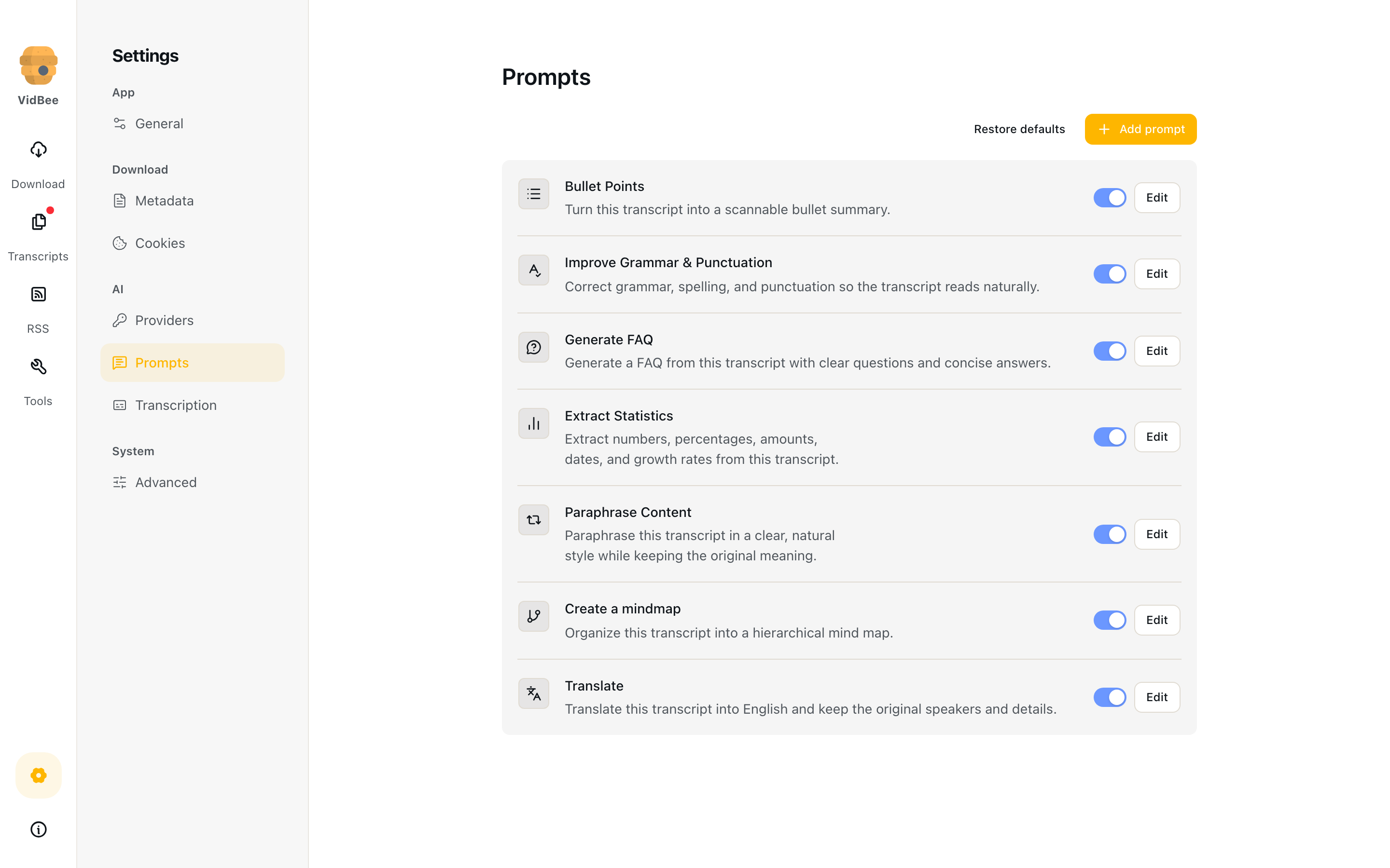Settings page listing built-in transcript prompts