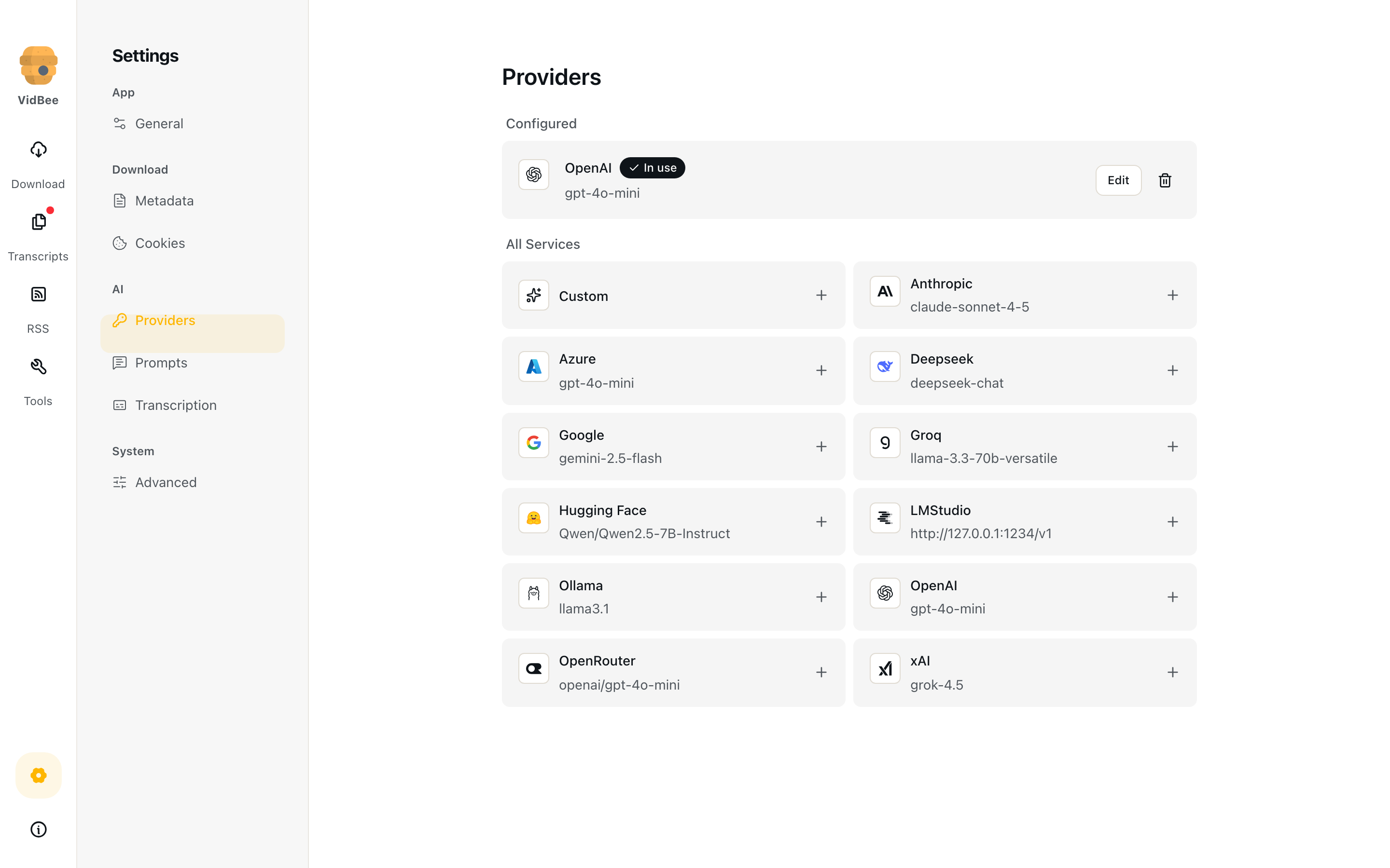 Providers page with OpenAI in use and cloud and local catalogs