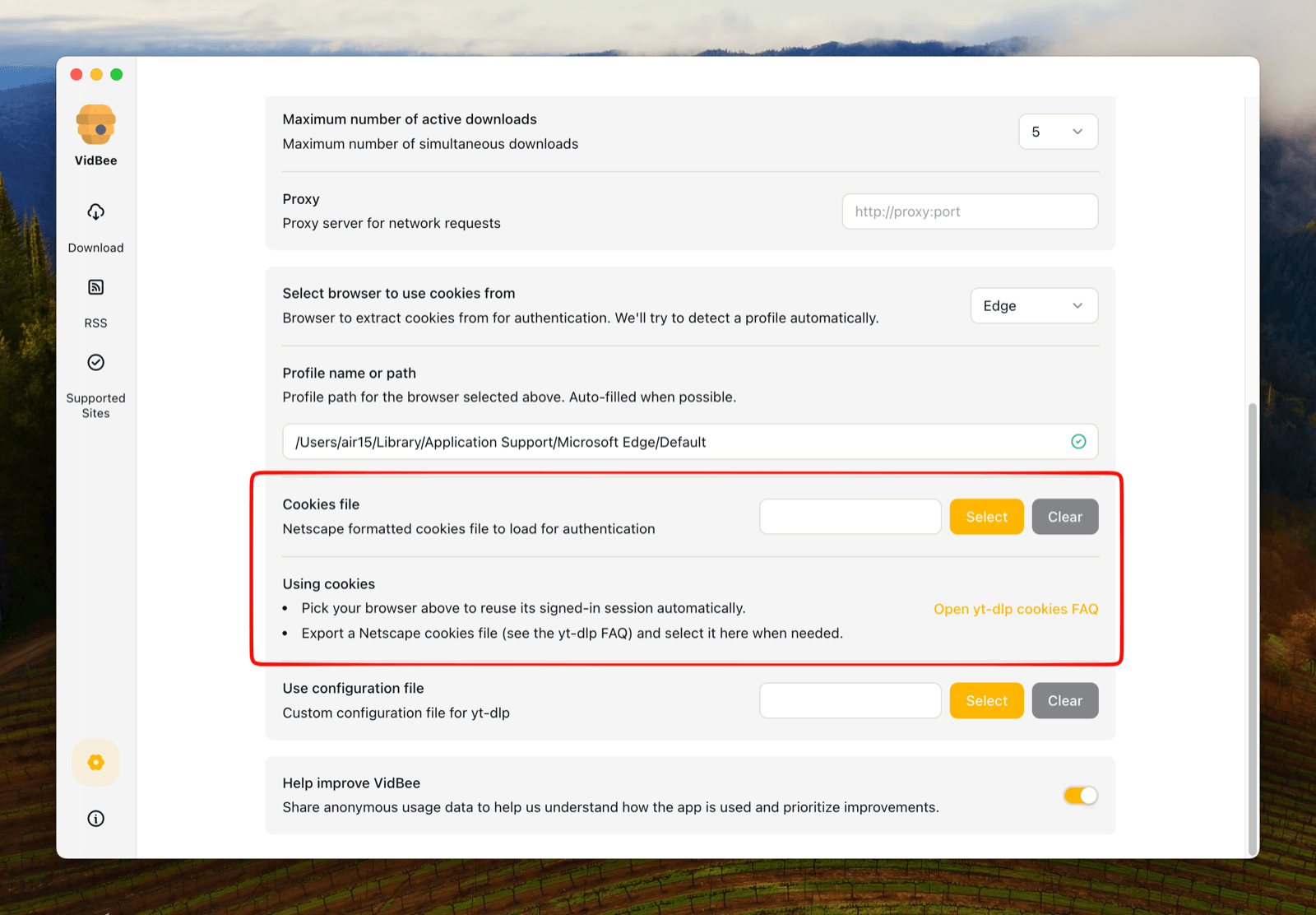Cookies file settings