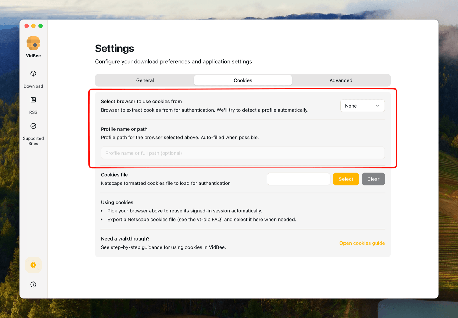 Select browser for cookies