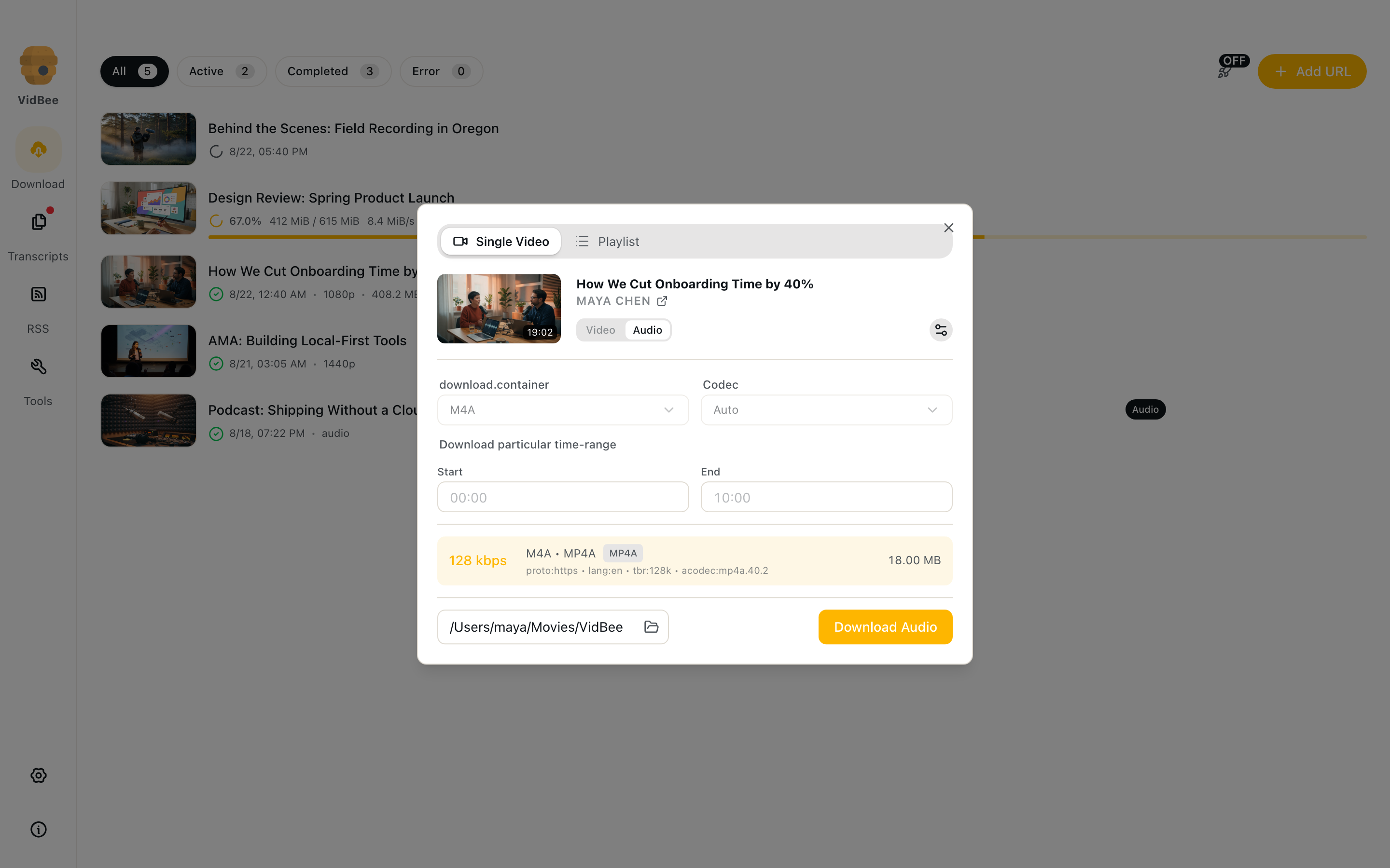 Audio tab with bitrate, language, and Download Audio