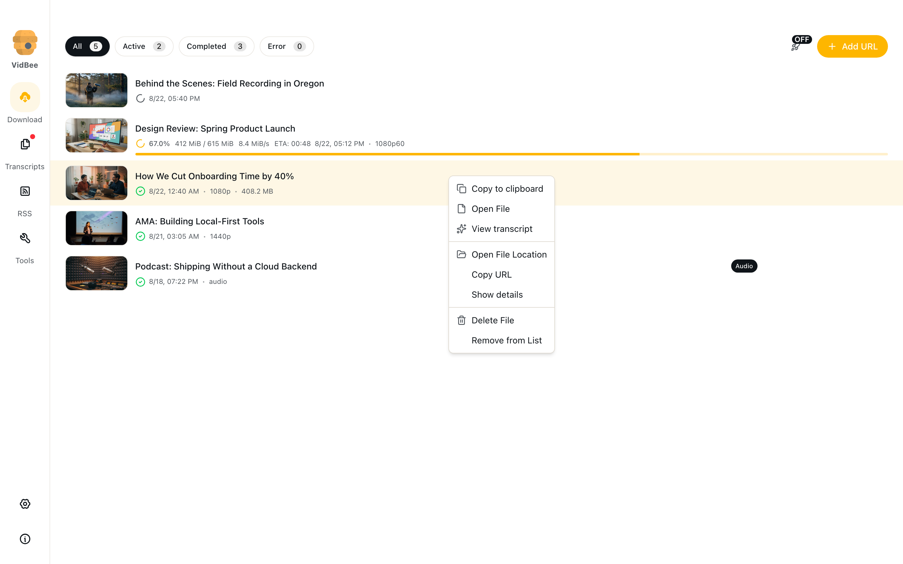 Download row context menu: open, copy, transcript, details, delete