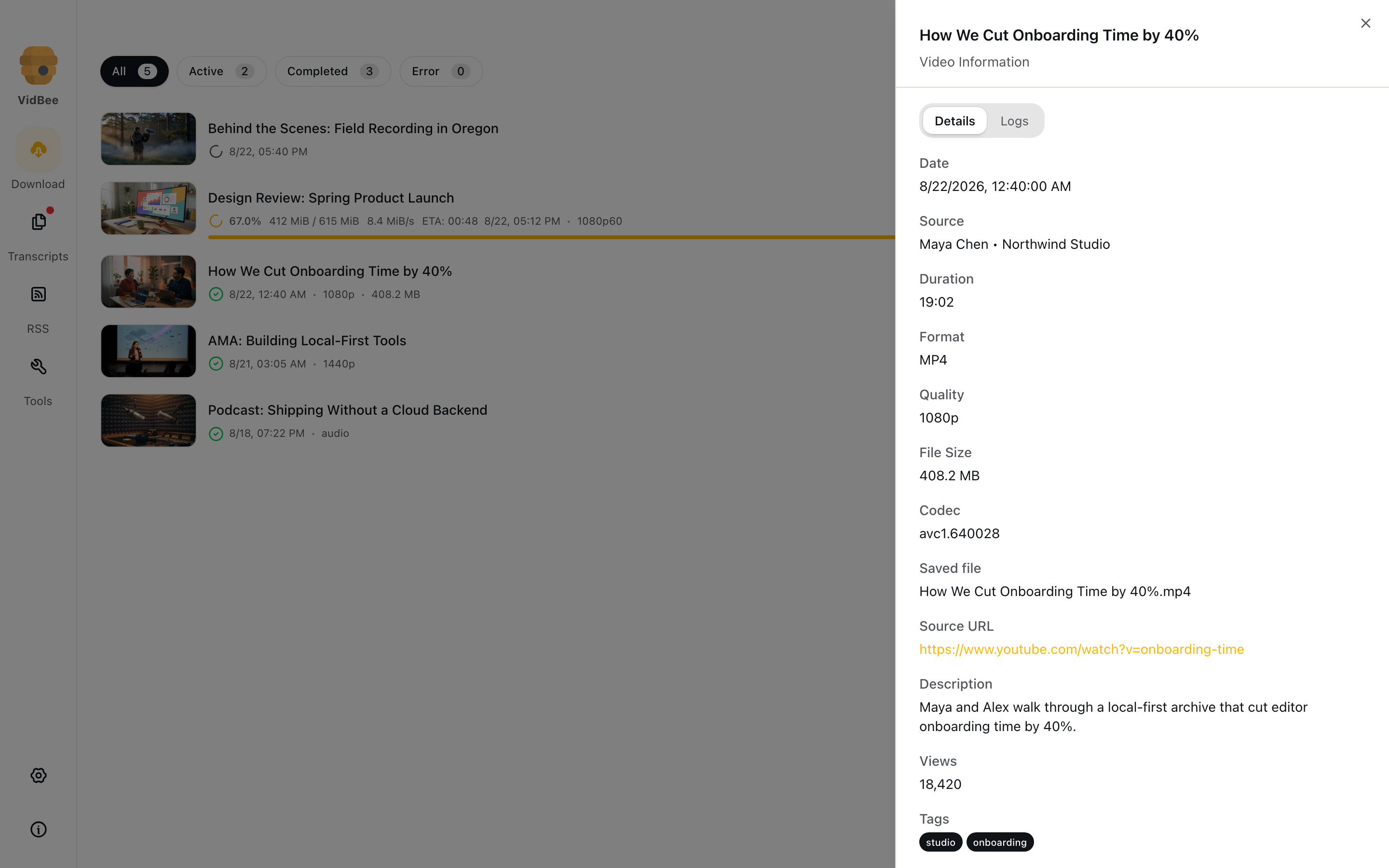 Details sheet with source, format, codec, saved file, and tags