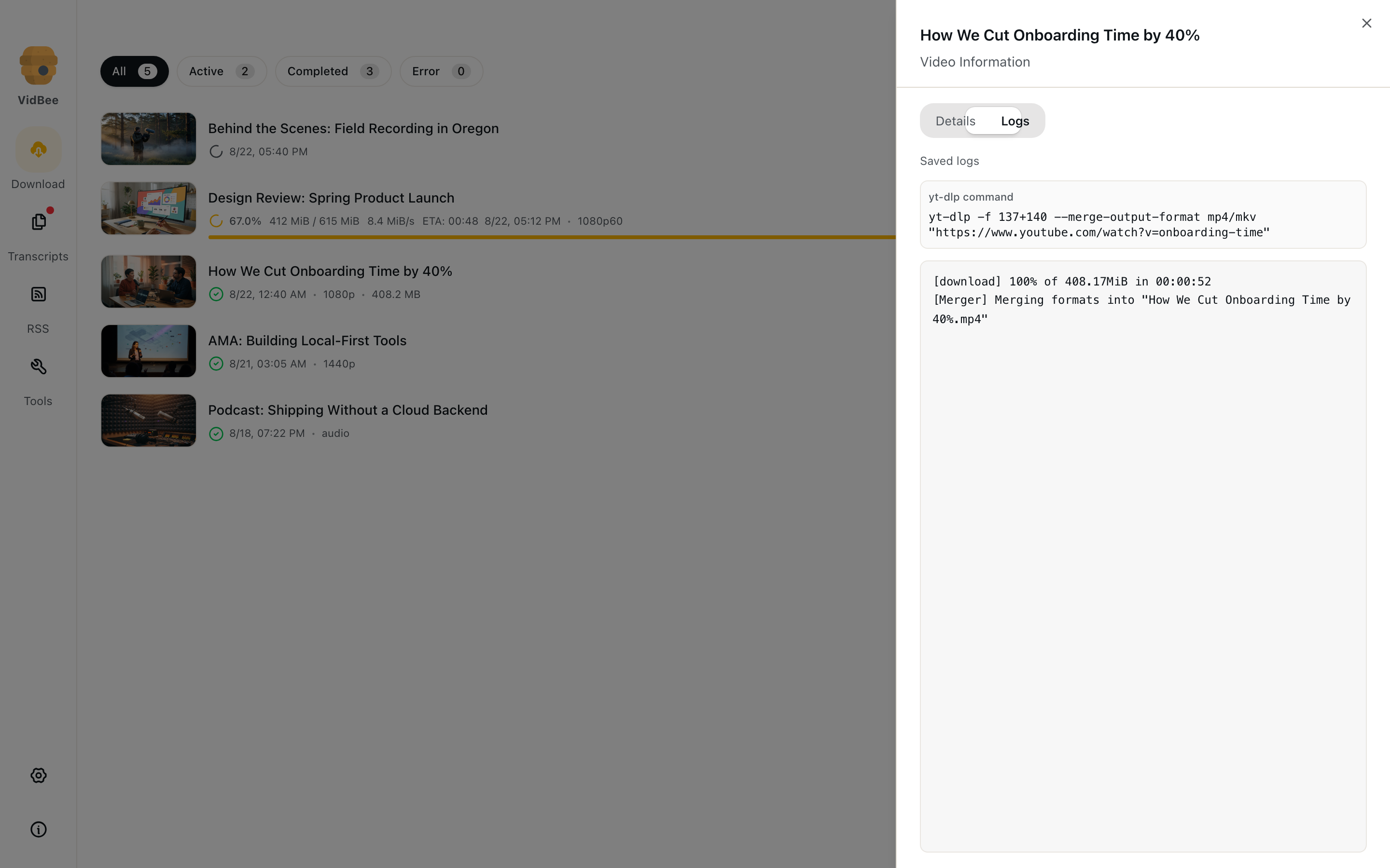 Logs tab with the yt-dlp command and saved download output