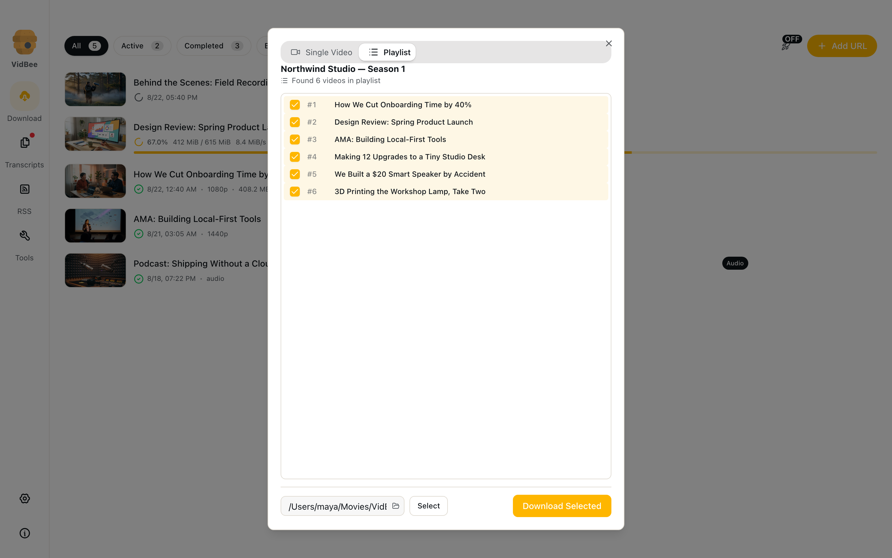 Playlist picker with six Northwind Studio Season 1 episodes selected