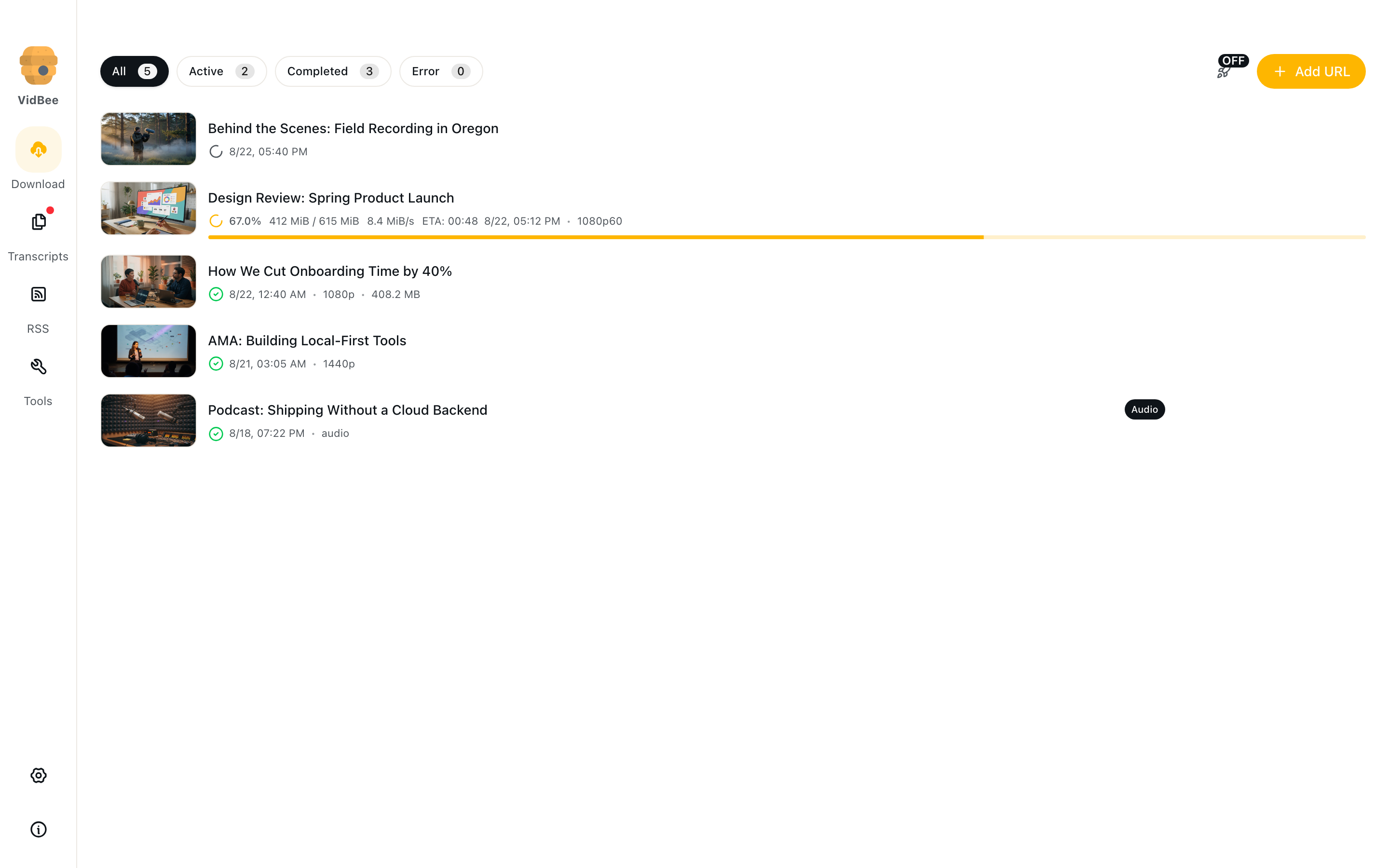 Download queue with active and finished items