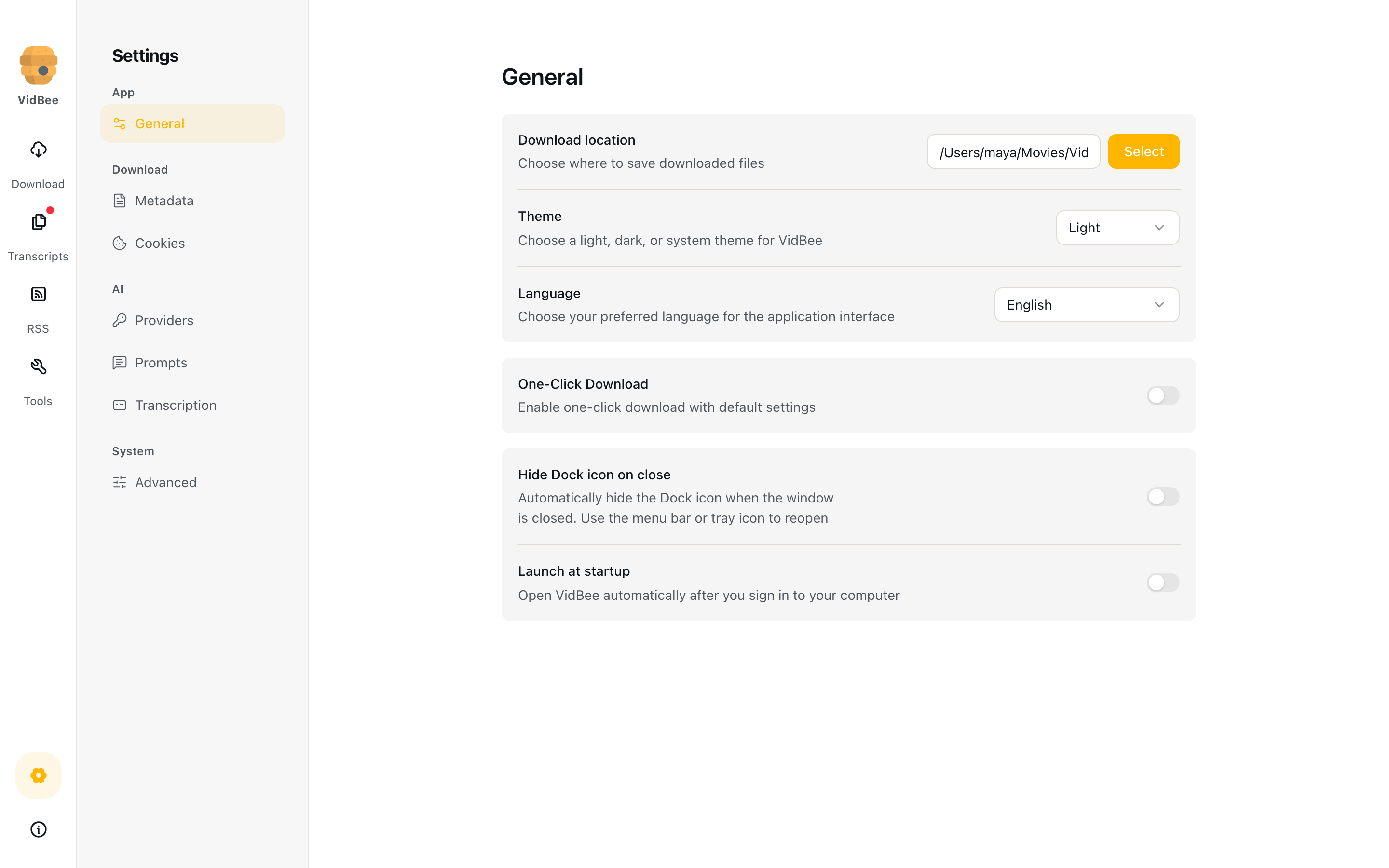 Settings General: download location, one-click, theme, and language