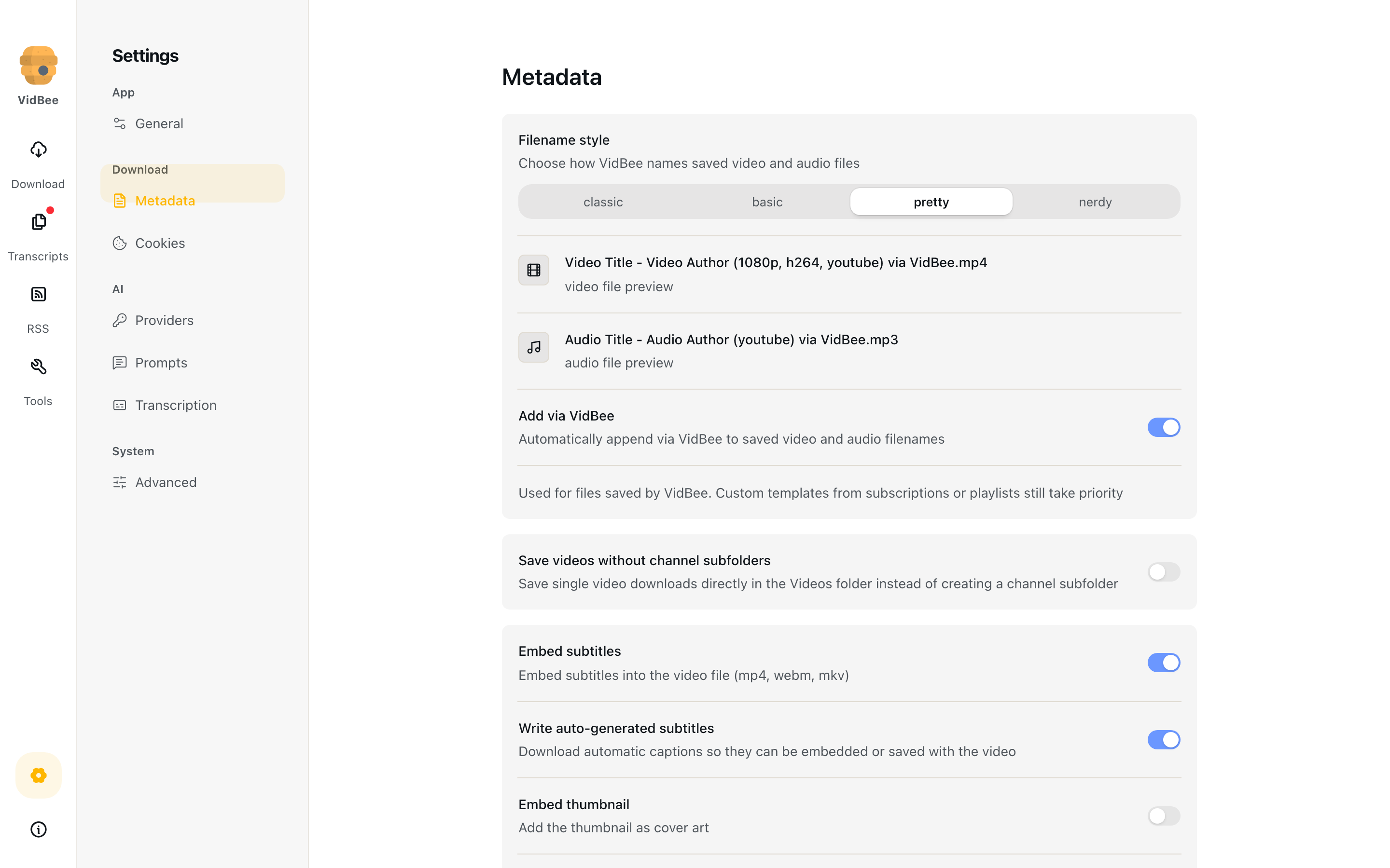 Settings Metadata: filename style, via VidBee suffix, and embed options