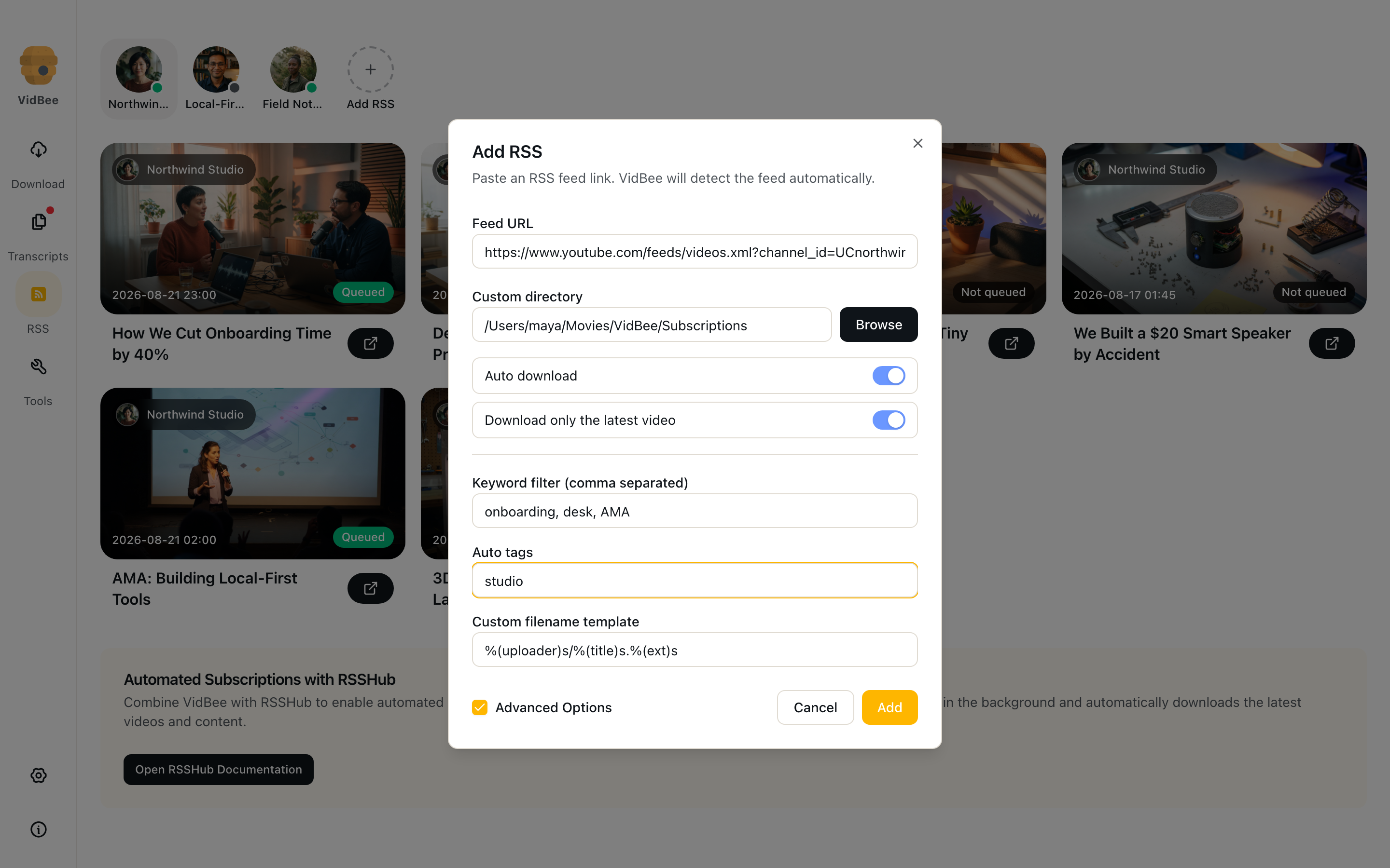 Add RSS advanced options: keyword filter, auto tags, and filename template