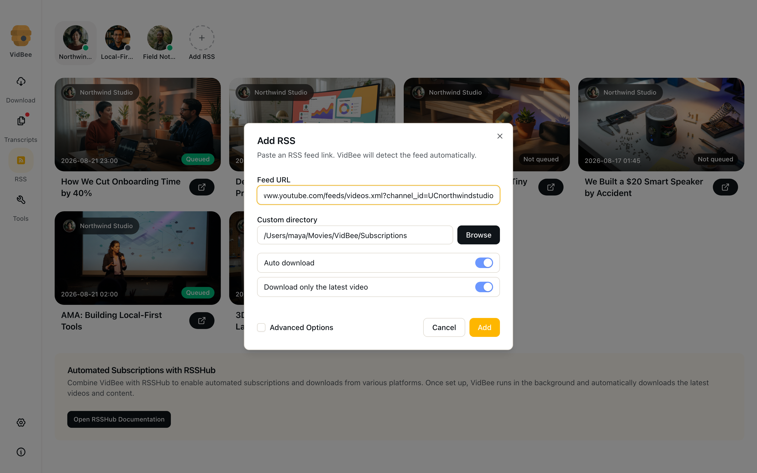 Add RSS dialog with a YouTube feed URL