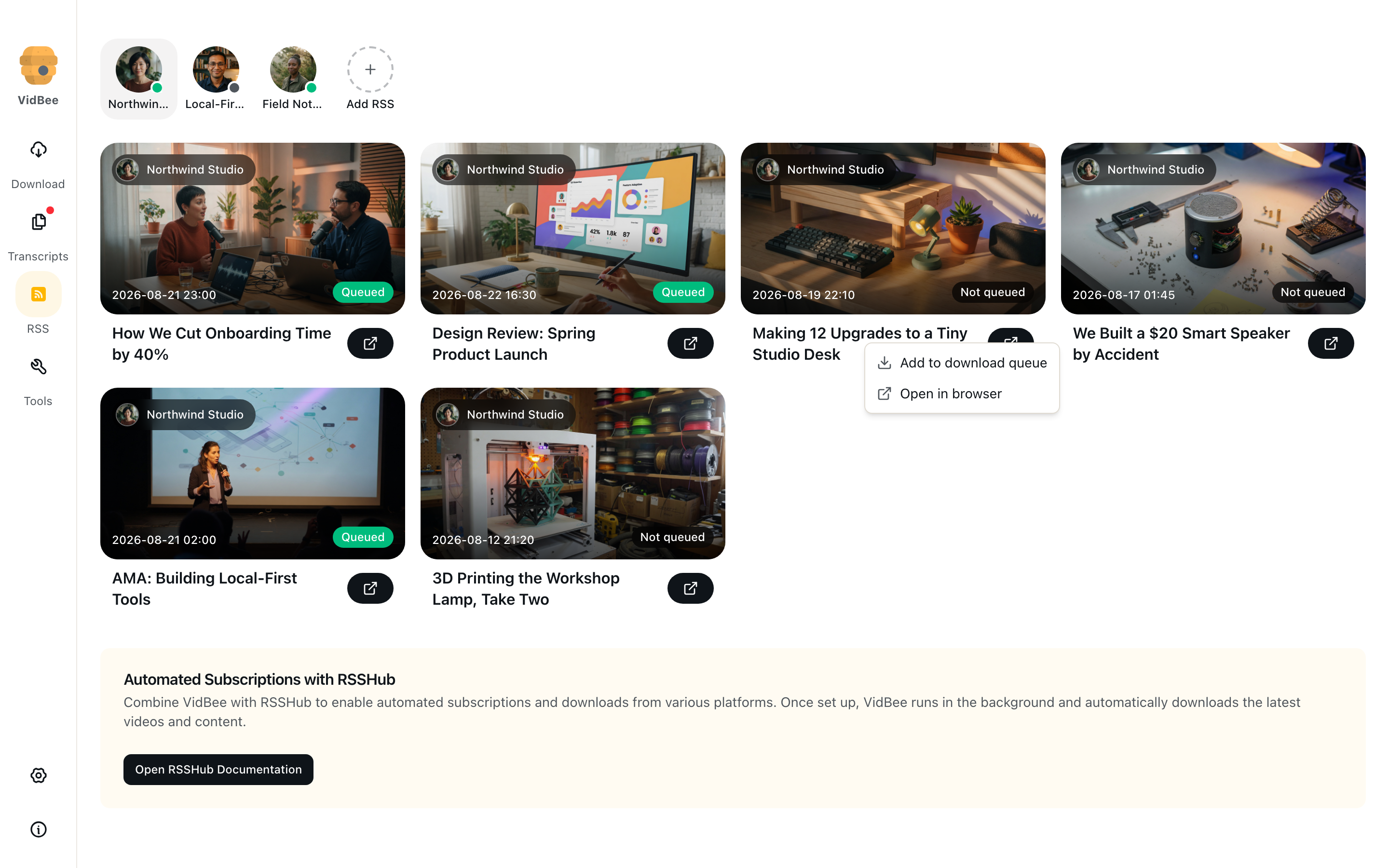 Feed item menu: add to download queue or open in browser