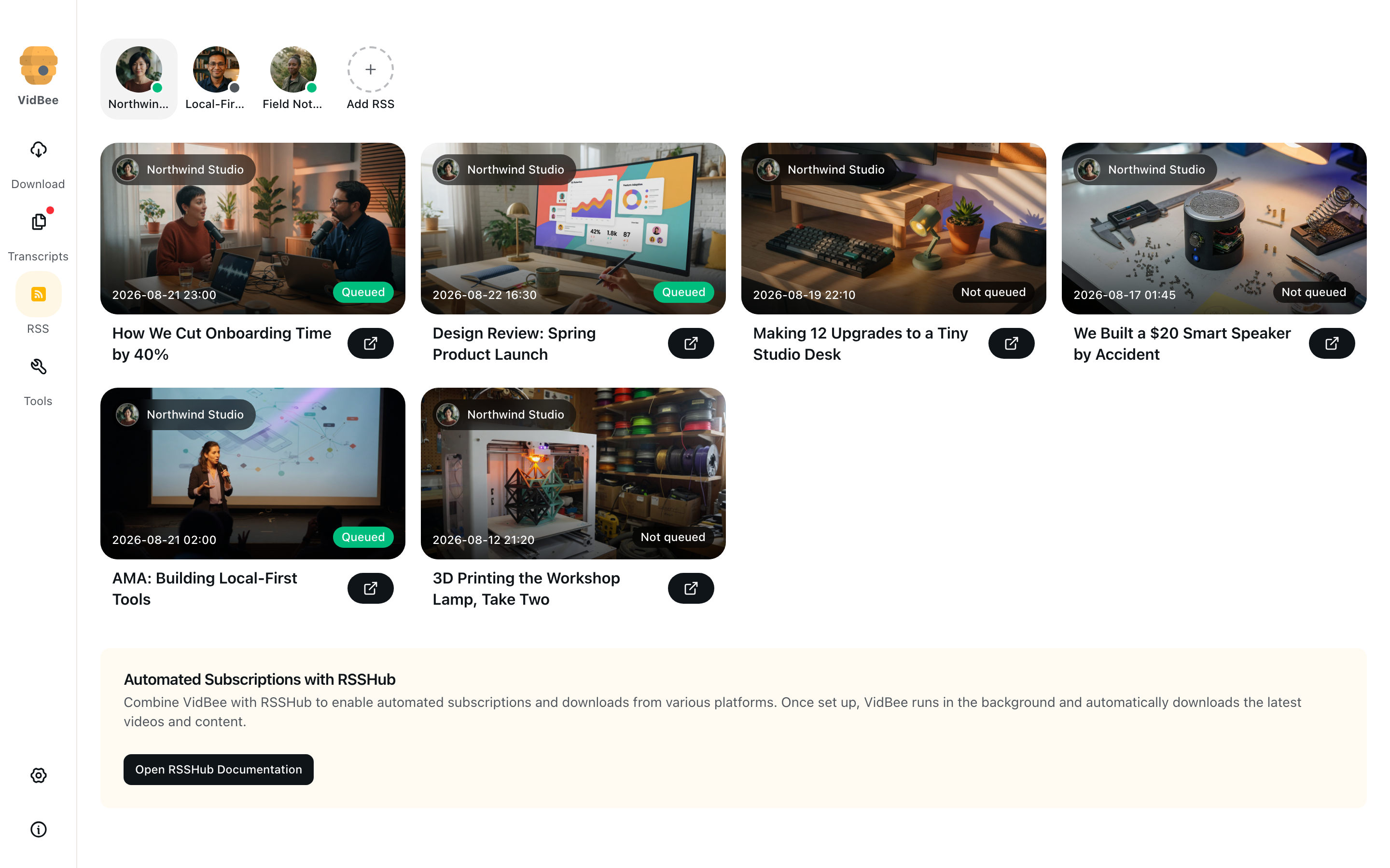 RSS page with channel avatars and queued feed items