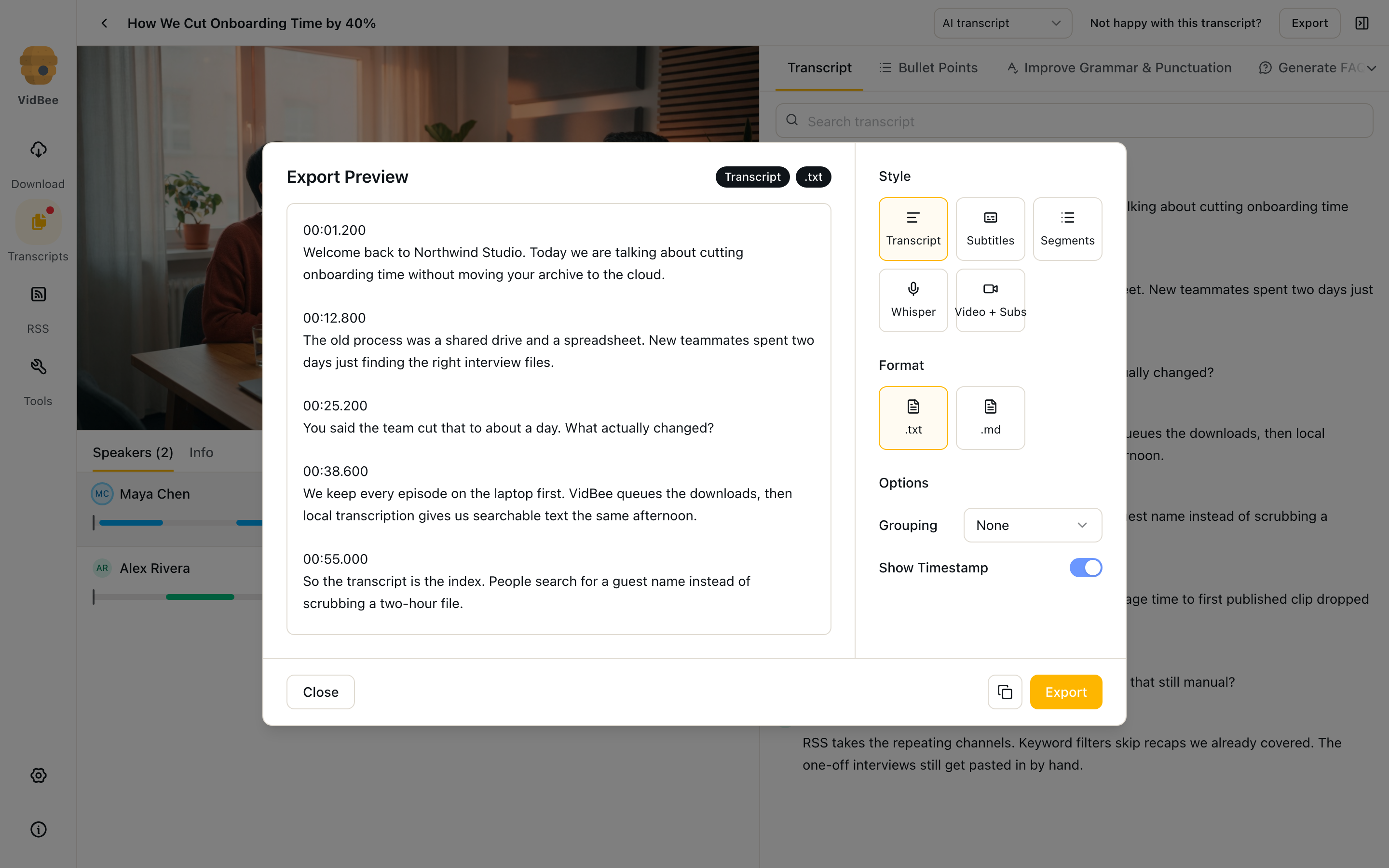 Export preview with Transcript style, .txt, and timestamps