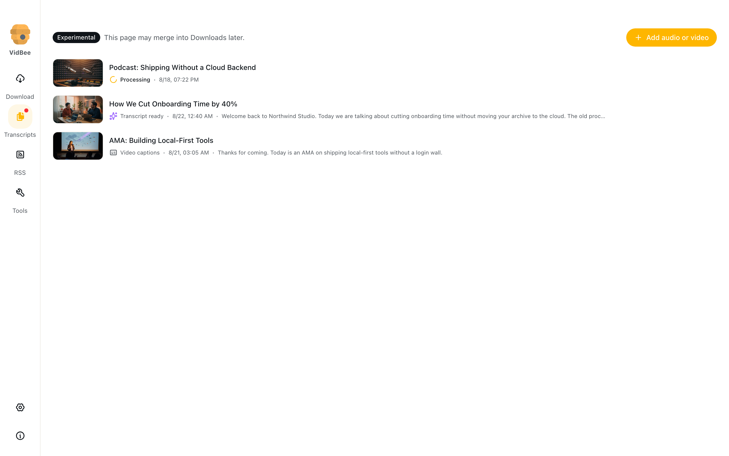 Transcript library with ready, caption, and processing items