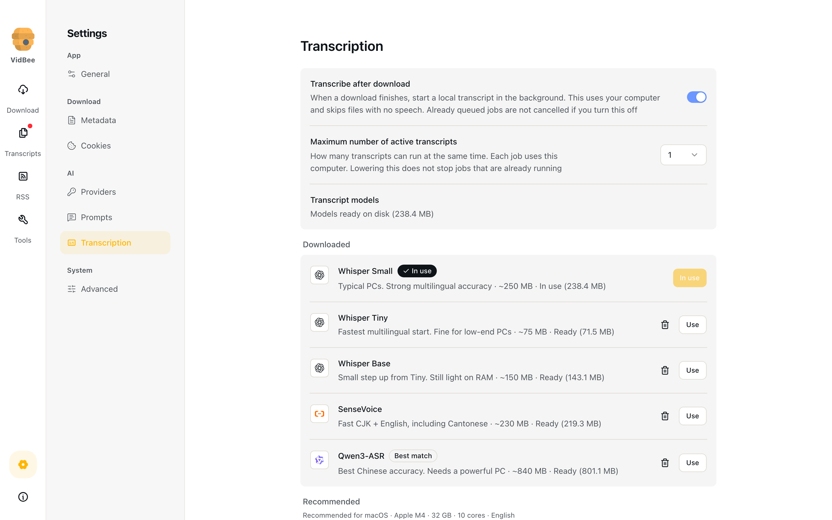 Transcription settings with auto-transcribe and installed ASR models