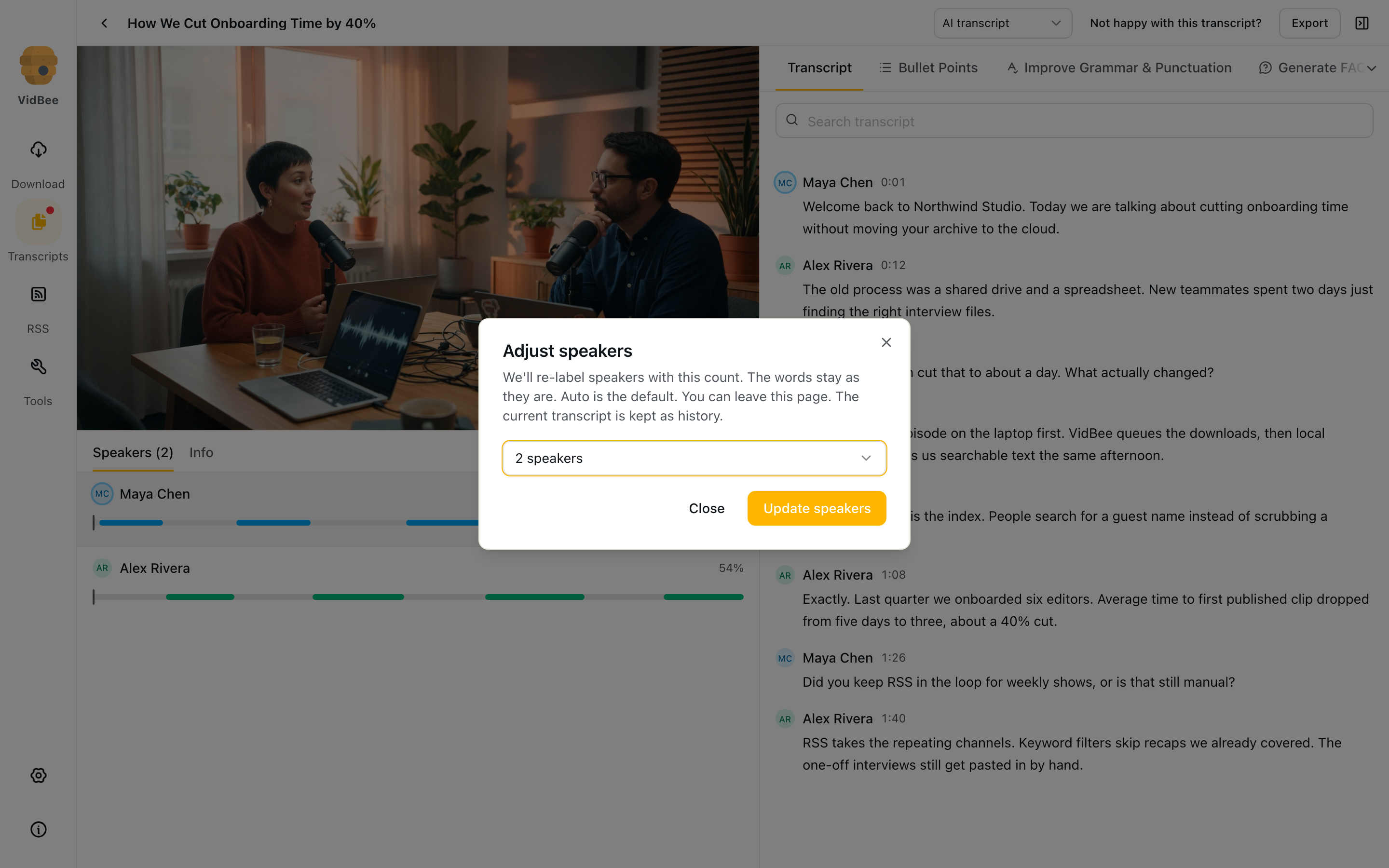 Adjust speakers dialog with a pinned count of two