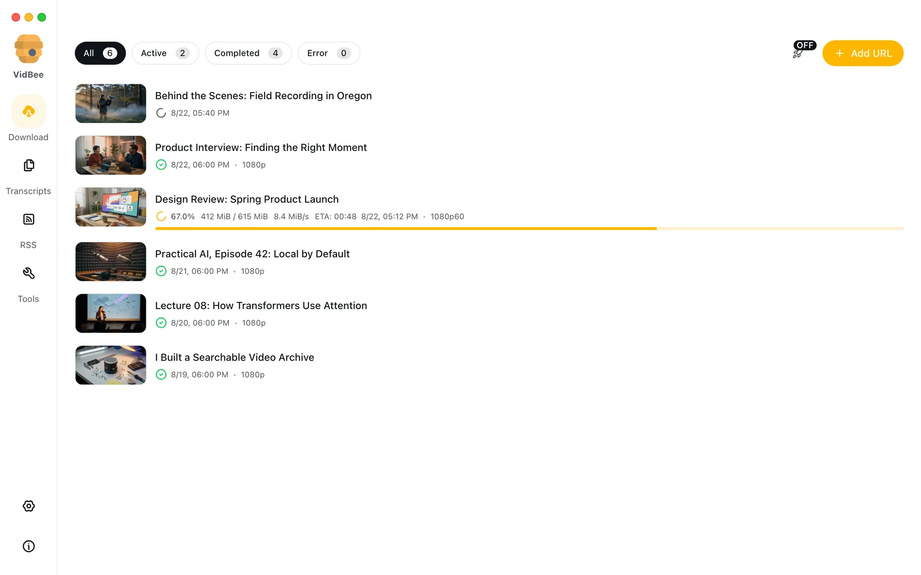 VidBee Desktop showing active and completed video downloads