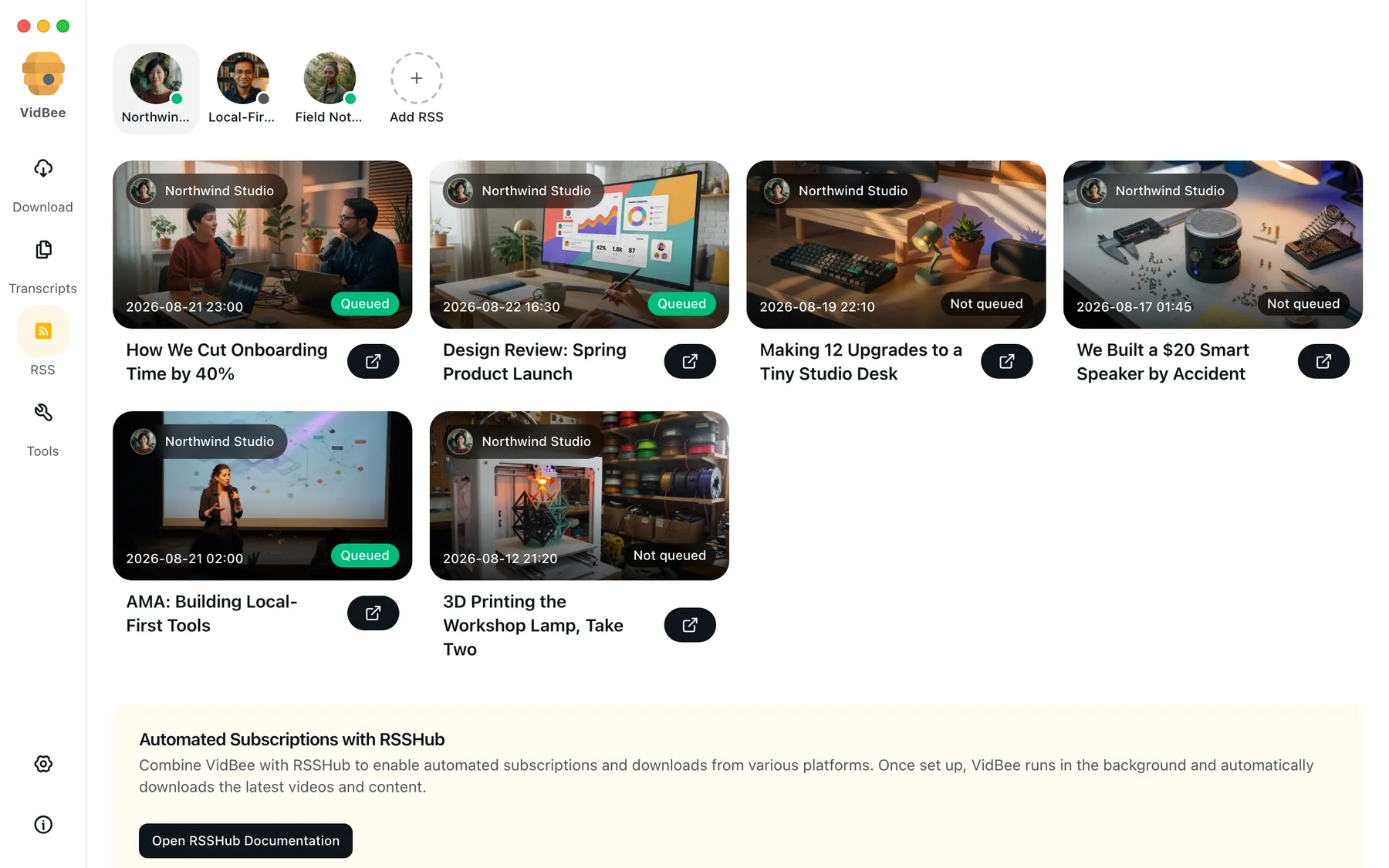 VidBee Desktop showing RSS subscriptions and queued episodes