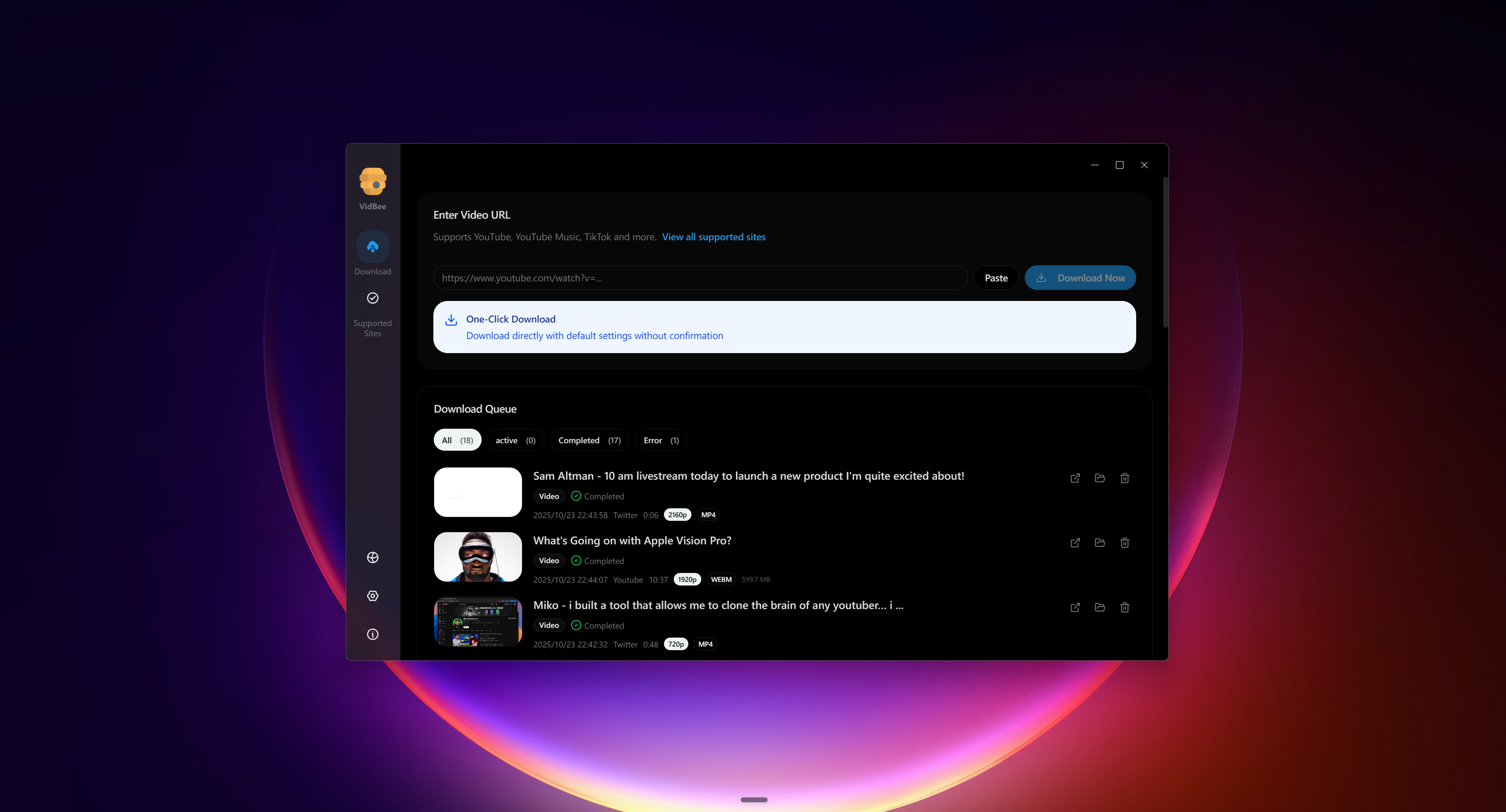 VidBee desktop interface with link input, format picker, and download controls