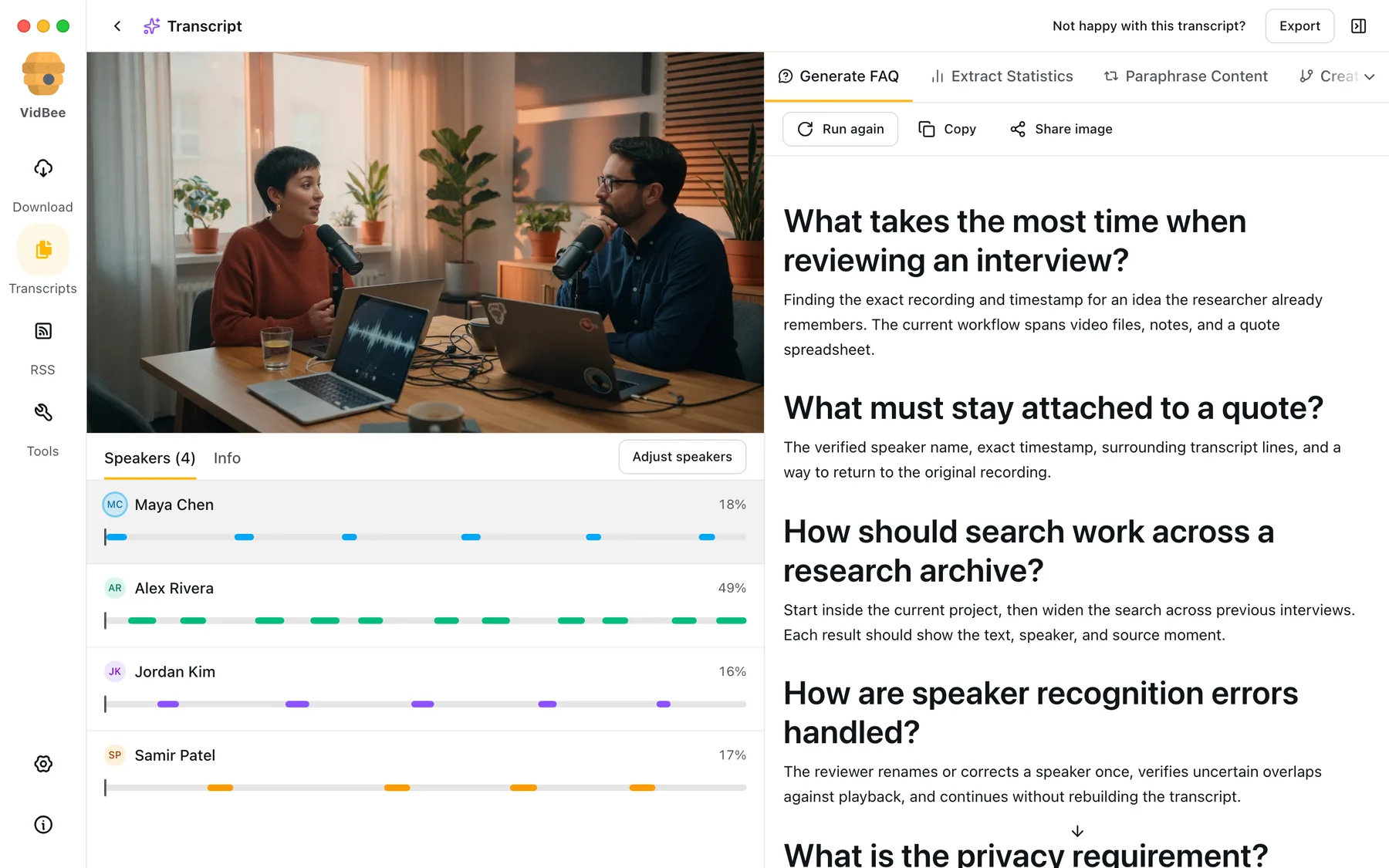 VidBee Desktop showing an AI-generated FAQ grounded in the source transcript