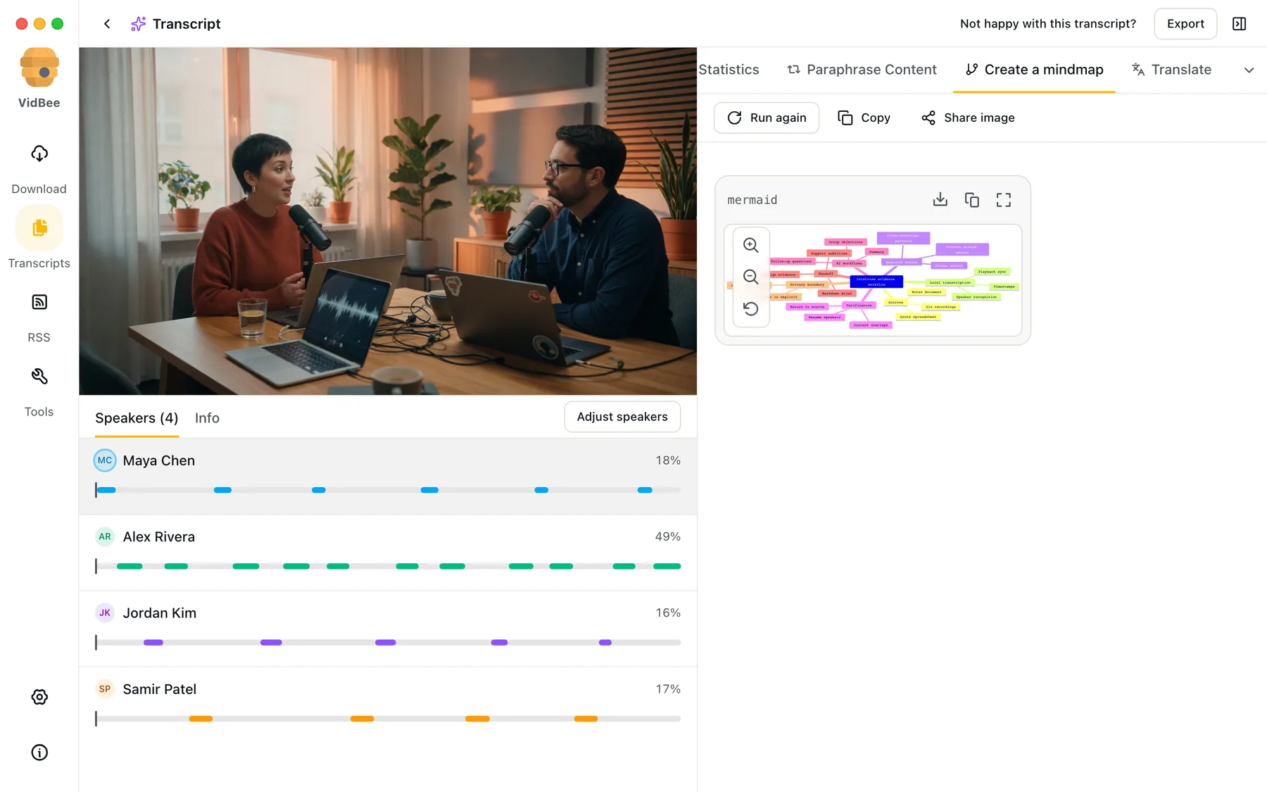 VidBee Desktop showing an AI-generated mind map for a research interview