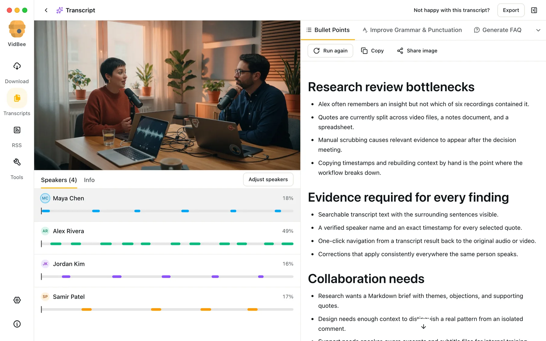 VidBee Desktop showing an AI-generated summary beside the source interview