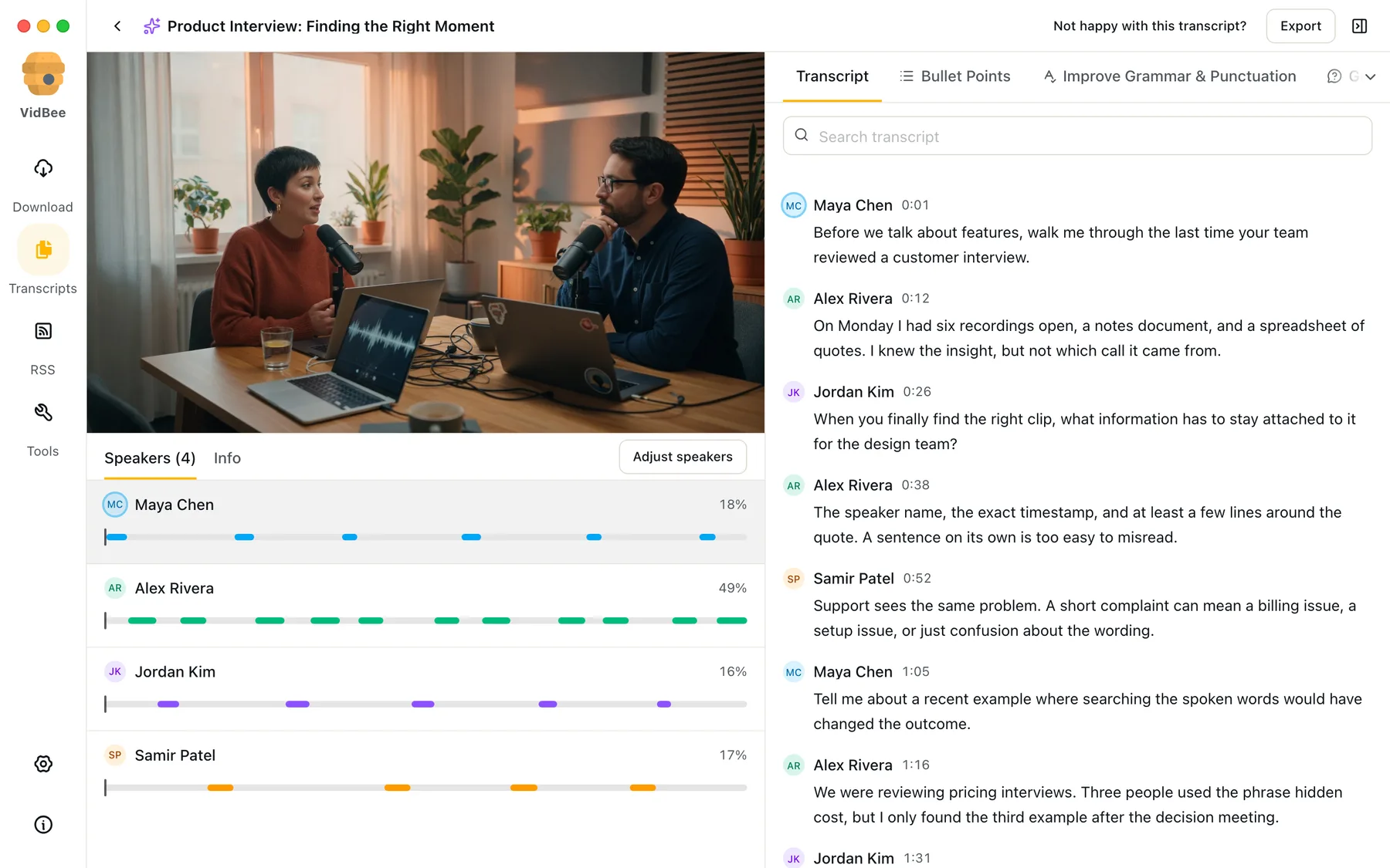 VidBee Desktop showing a four-speaker interview with a searchable local transcript