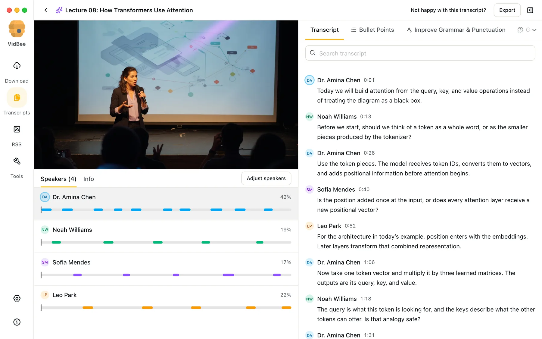 VidBee Desktop showing a lecture transcript with professor and student speakers