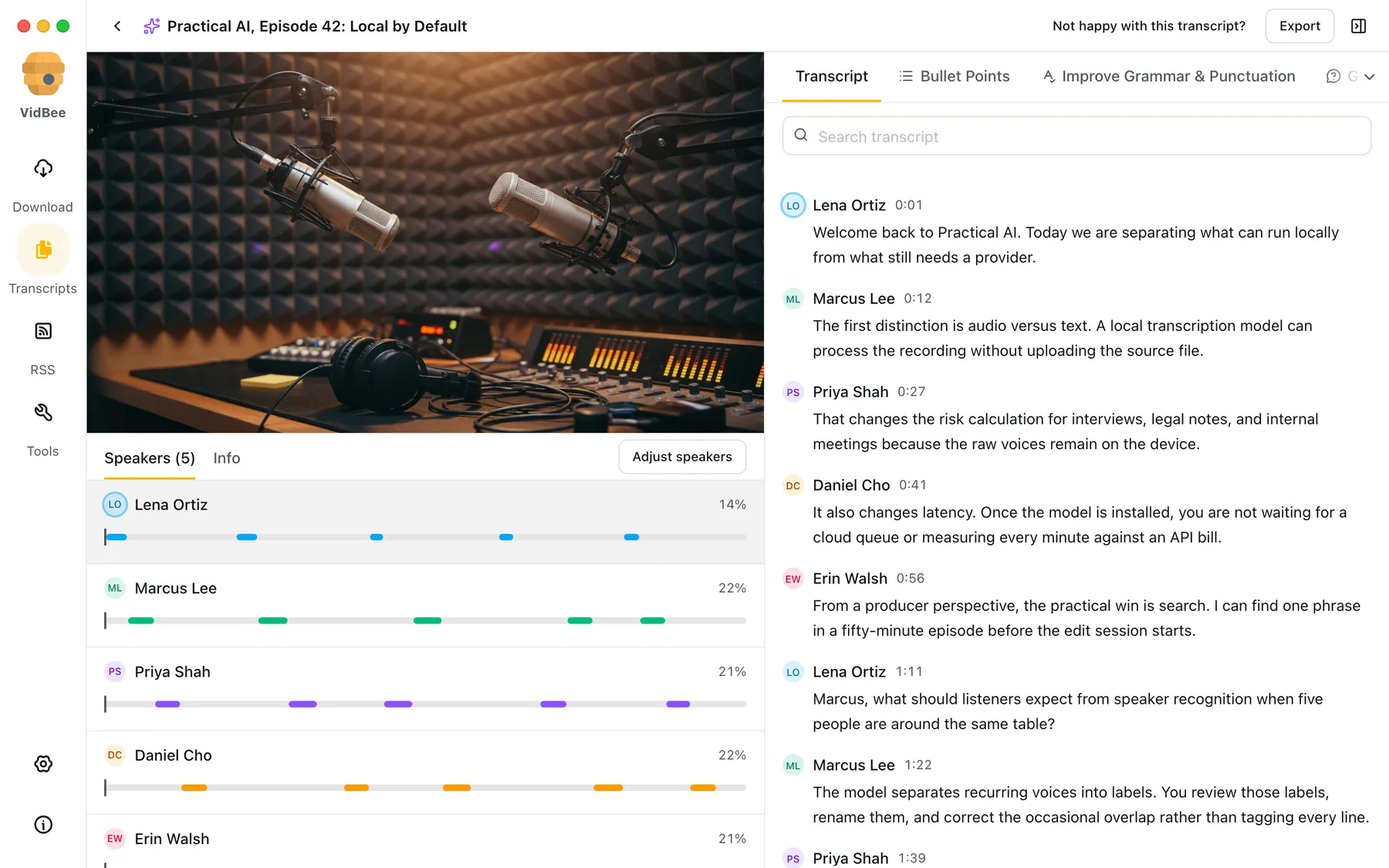 VidBee Desktop showing a five-speaker podcast with local transcription