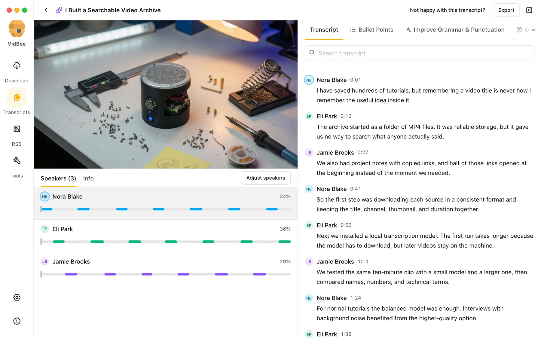 VidBee Desktop showing a downloaded YouTube tutorial with a searchable local transcript